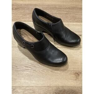 Clarks Collection Black Leather Booties Woman 9M Block Heel Boho Business Casual
